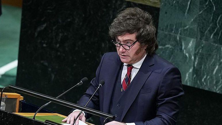 Javier Milei delivers a speech at the UN